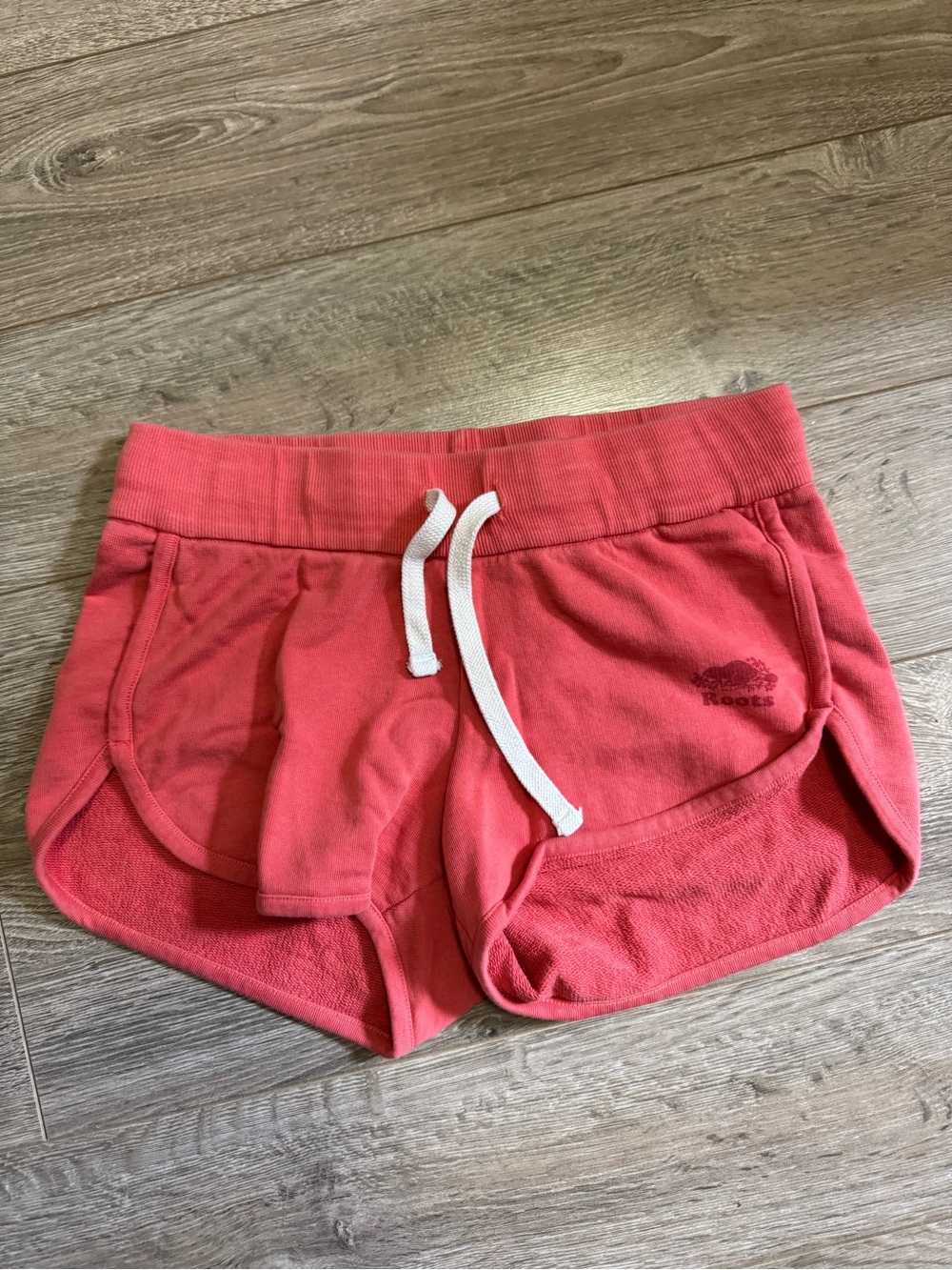 Roots Coral Pink Terry Athletic Shorts with White Drawstring